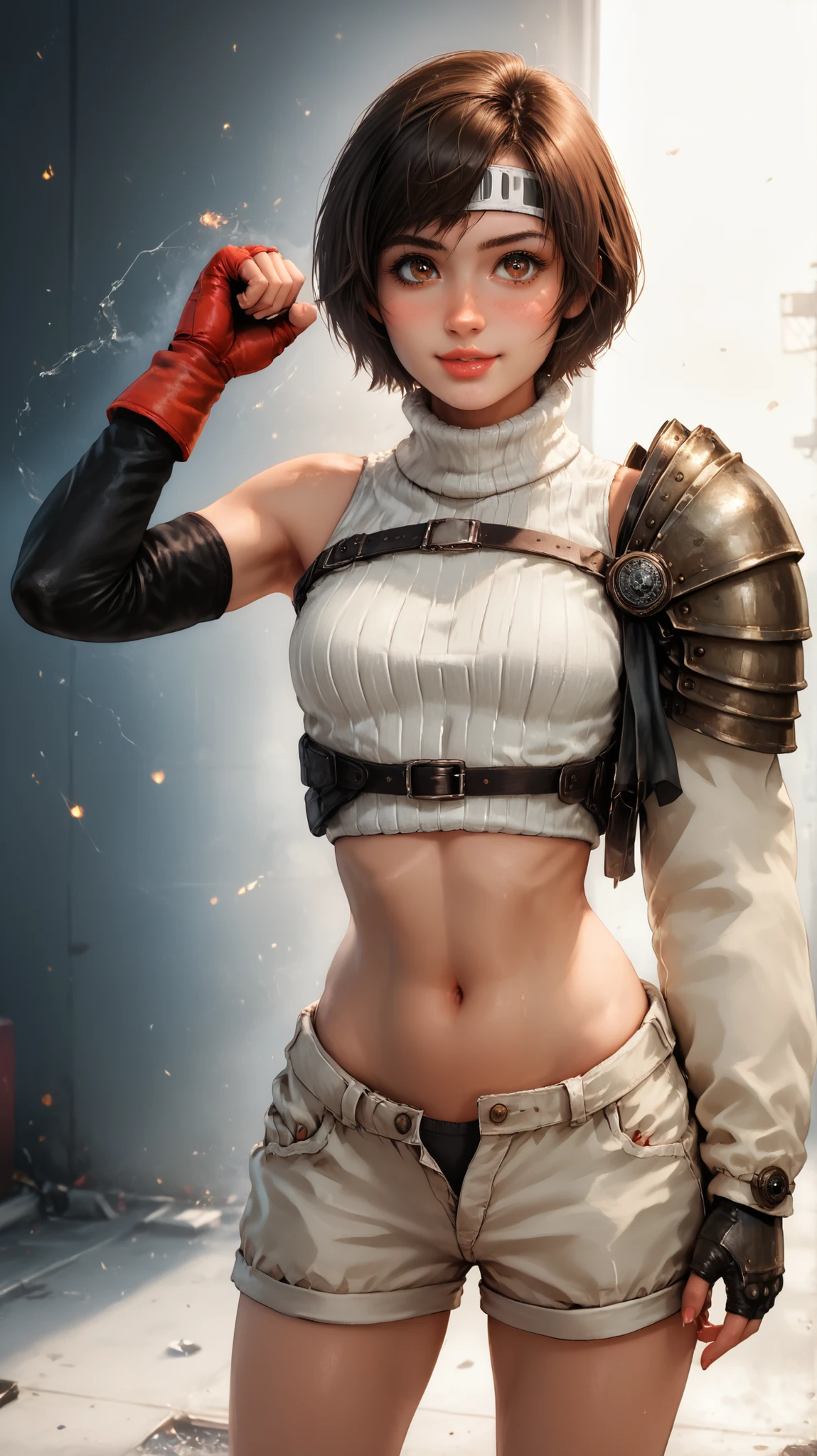 (masterpiece, best quality:1.4), (future days), (fighting:1.5), (full body), (from front), (1girl), solo, (european youth:1), 1girl, short hair, headband navel, sleeveless, turtleneck, brown eyes, sleeveless turtleneck, solo, small breasts, looking at viewer, sexy smile, gloves, crop top, brown hair, shorts, midriff, armor, sweater, open fly, fingerless gloves, ribbed sweater, medium breasts, yufi_kisaragi_01, girlhyperrealistic, high detailed skin, dslr, soft lighting, high quality, highly detailed face, highly detailed skin, skin pores, subsurface scattering, realistic pupils, medium breast, full face blush, full lips, detailed background, depth of field, volumetric lighting, sharp focus, absurdres, realistic proportions, good anatomy, (realistic, hyperrealistic:1.4), 16k hdr,