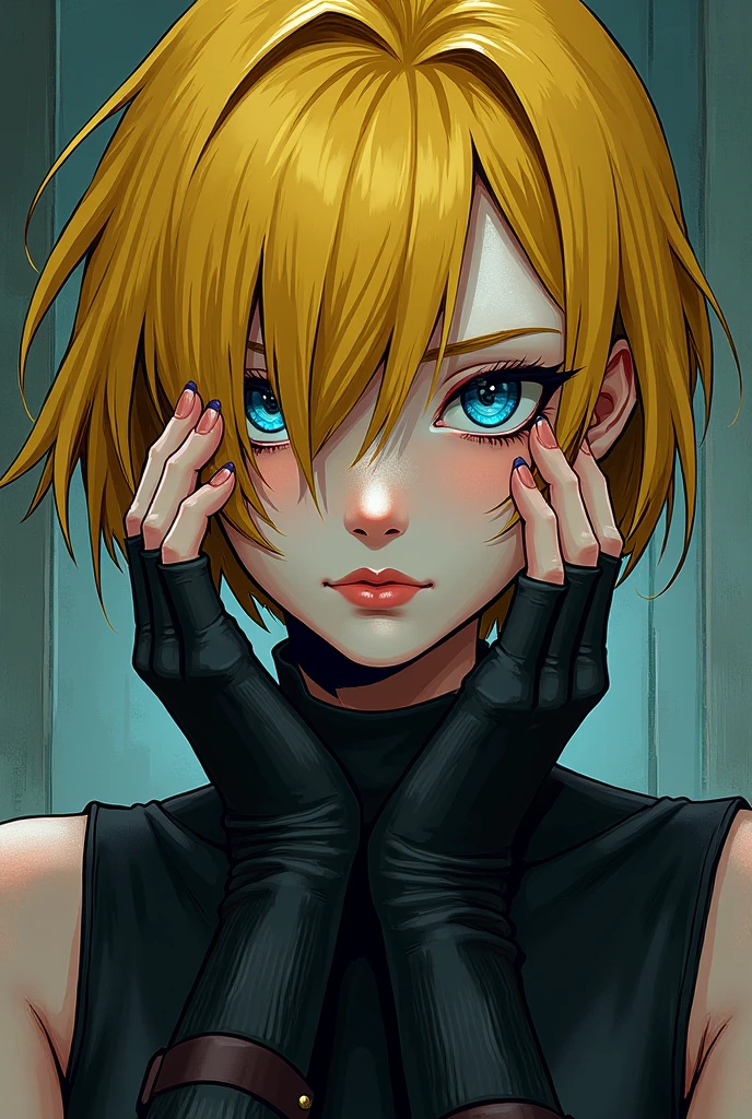 Generate a highly detailed anime-style portrait of a female character with short, blonde hair and sharp blue eyes. The art should feature expressive, semi-realistic facial features with subtle yet painterly shading. The character should be a mysterious and confident vibe. Her expression is captivating, with a slight smirk, and she wears black gloves that reflect a sleek, glossy texture. The background should have a rich, deep red color with soft, abstract brush strokes. The overall style should blend realism with anime aesthetics, using bold outlines, detailed facial features, and dramatic lighting to create a moody and atmospheric scene. The color palette should be vibrant yet harmonized, with strong contrast between the character and the background. shackles and chains on her limbs, showing that she is a slave