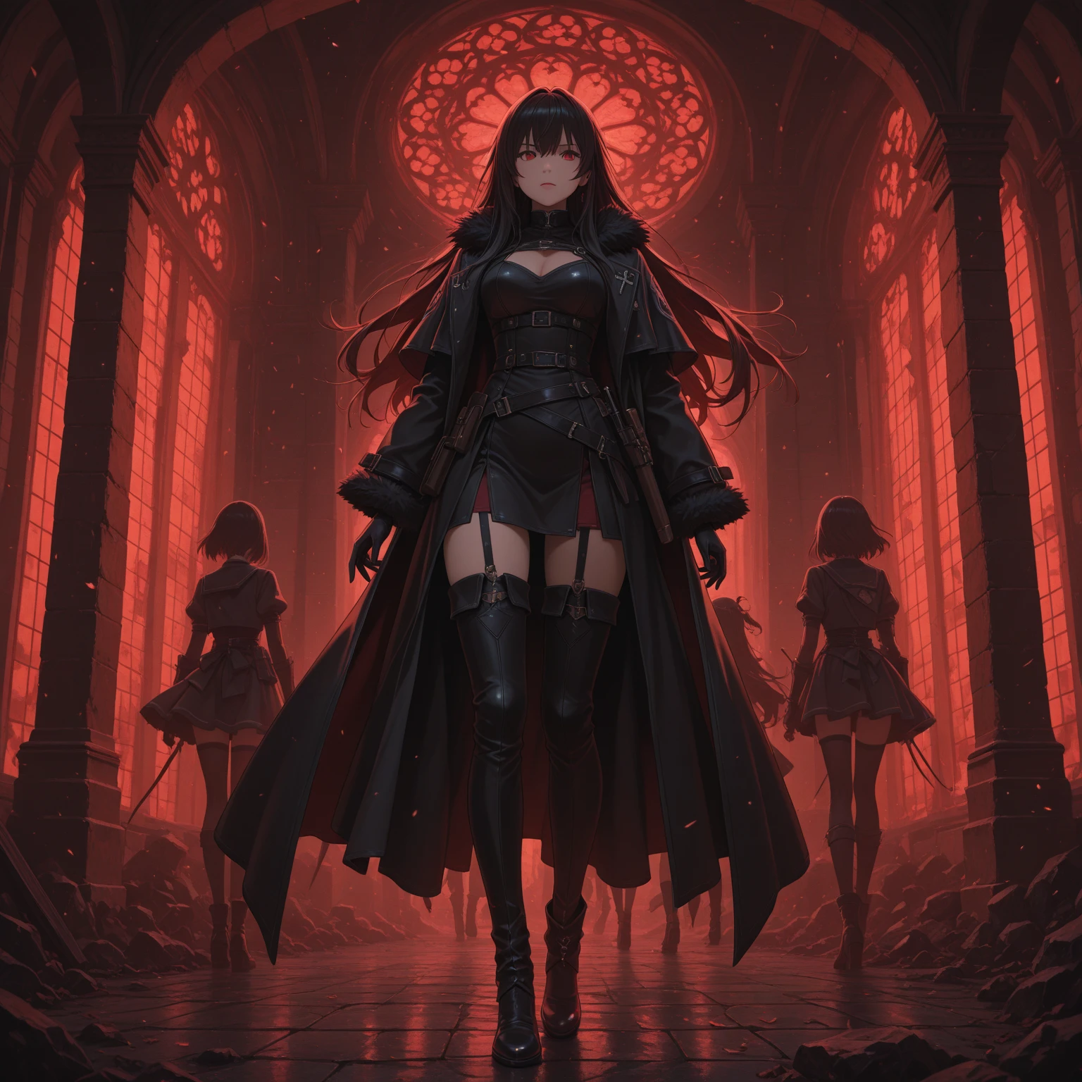 gothic, Epic, fantasy style, Gothic style, dark, The red light of the Sun, Dark Clouds, Bloody rain is pouring, you can see pools of blood, The girl with long hair, full length, green eyes are burning, Dark black with bones armor is massive, in her Hands Holds a Mace on an Arrow-shaped Chain, Sparks radiate when she drags a mace across the ground, The buildings destroyed are visible, as if the plague has passed through the air, musty haze, heroic, ((Masterpiece, high quality)), best quality, Maximum of details, 8k, difficult details,