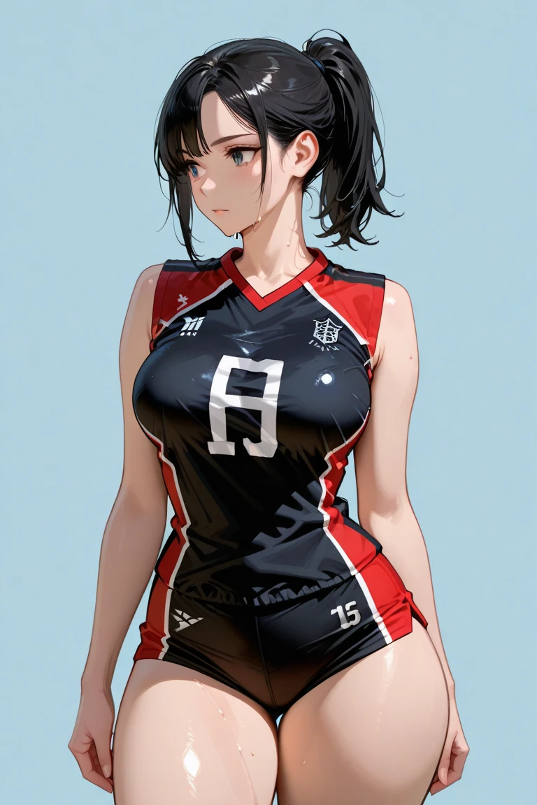 masterpiece,super detailed realistic illustration,1beautiful girl,track and field uniform,large breasts,slim body,nice legs,wet skins sweat,track and field,dramatic light,from above
