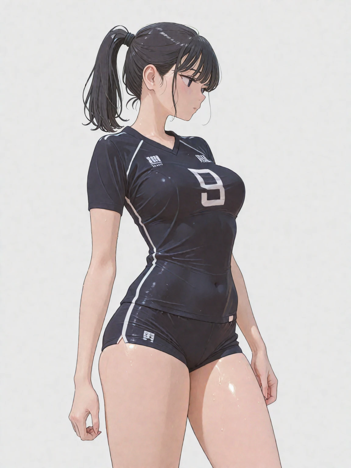 Make me a very athletic black woman wearing soccer player clothes