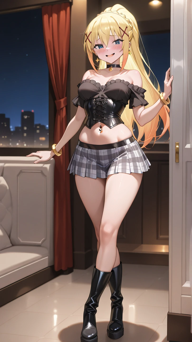(highest quality, High resolution, perfect pixel, Depth of bounds written, 4K), upper body, (chair), (looking down), (detailed eyes), (1 lady), tall, (skinny body:1.2), (thin thighs:1.2), (Narrow hips:1.2), (black tube tops:1.4), bellybutton, sleeveless, middle breasts, (blond hair), (ponytail:1.2), (standing:1.2), (denim mini skirt:1.3), (panty strap:1.2), (hand on hip and behind head:1.2), contrapposto, (seductive smile), one eye closed,