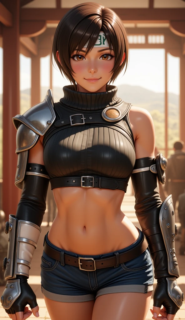 (masterpiece, best quality:1.4), (future days), (fighting:1.5), (full body), (from front), (1girl), solo, (european youth:1), 1girl, short hair, headband navel, sleeveless, turtleneck, brown eyes, sleeveless turtleneck, solo, small breasts, looking at viewer, sexy smile, gloves, crop top, brown hair, shorts, midriff, armor, sweater, open fly, fingerless gloves, ribbed sweater, medium breasts, yufi_kisaragi_01, girlhyperrealistic, high detailed skin, dslr, soft lighting, high quality, highly detailed face, highly detailed skin, skin pores, subsurface scattering, realistic pupils, medium breast, full face blush, full lips, detailed background, depth of field, volumetric lighting, sharp focus, absurdres, realistic proportions, good anatomy, (realistic, hyperrealistic:1.4), 16k hdr,