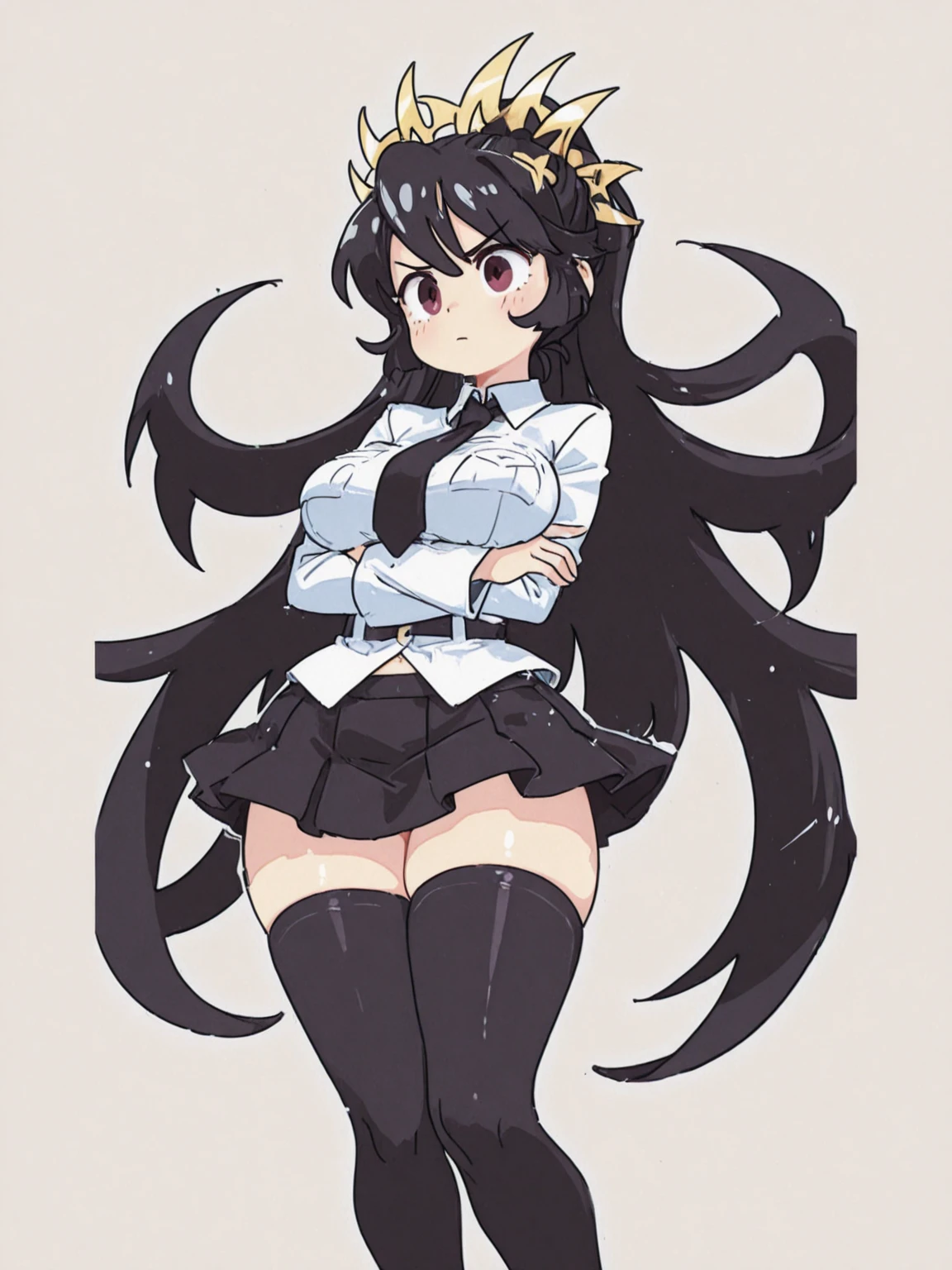 Filia, cute smile, big breast, wide hips, tummy, long hair, long legs, anatomically correct body, detailed image, detailed body, detailed clothes, masterpiece, work of art, scenic view, erotic pose, colorful image, white shirt, little black tie, black skirt, black socks,