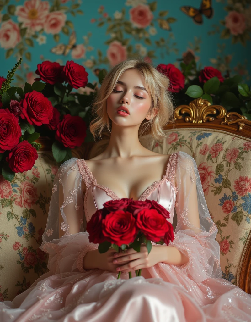 beautiful busty woman with green eyes, angelic babyface beauty, tall legs, fit, very long sand blonde hair, pink red colors, opened cropped floral top, girly luxurious bedroom, flowers, roses, candles, toys, hearts, candy, sweets, red fruit, berries, strawberry, cakes, valentines, girly cute stuff,