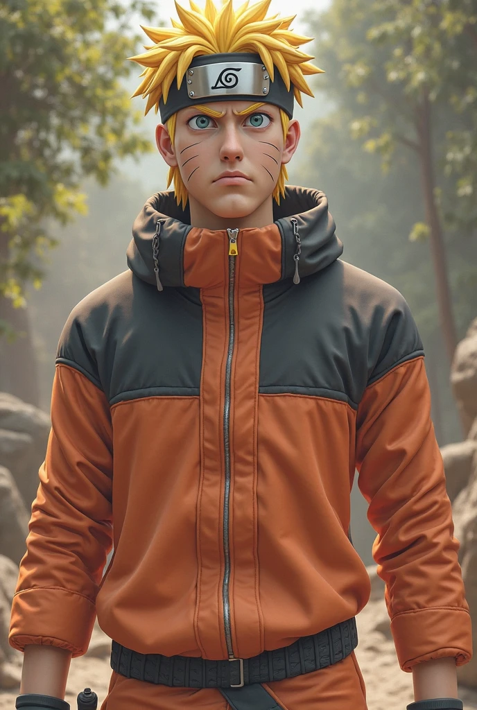  naruto, Blonde haired boy, in orange clothing with three stripes on each side of the cheek in a forest