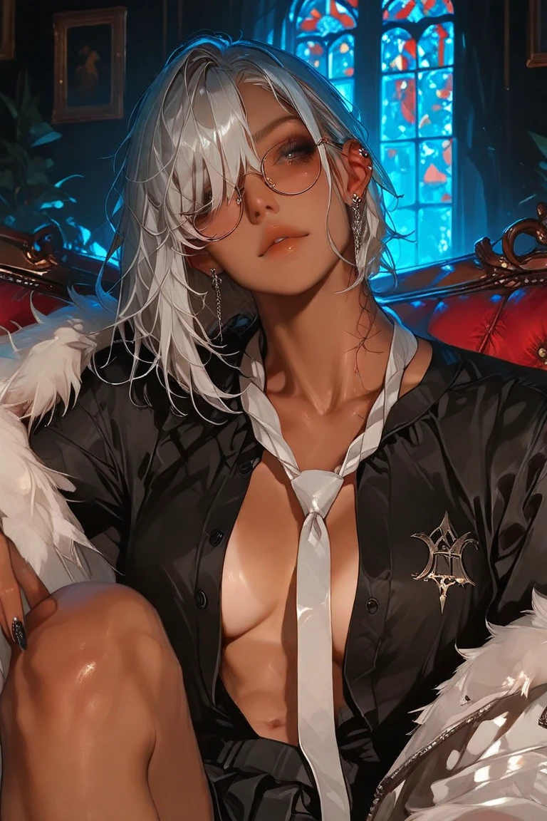 (owl woman), topless, naked, (white feathery hair), (white owl wings), medium breasts, atheltic body, matured face, (wear glasses), smart, clever, (pine forest wasteland at night)