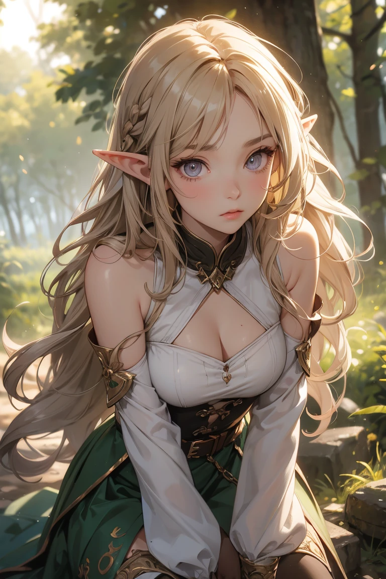 blonde haired elf, ((long_elegant_elf_ears)), (8k,highres,masterpiece:1.2),ultra-detailed,(realistic,photo-realistic:1.47),((slender)) ((crisp, realistic, golden eyes)), hi-def painting, elf with red_hair ((blonde messy ponytail hair)),Xaya with extremely detailed facial features, beautiful elf with intricate accessories, ((by sciamano240)) ((loose_peasant_top)) ((eye_fix)) ((perfect_golden_eyes)) ((perfect_small_chest)) (((staring_at_viewer)))