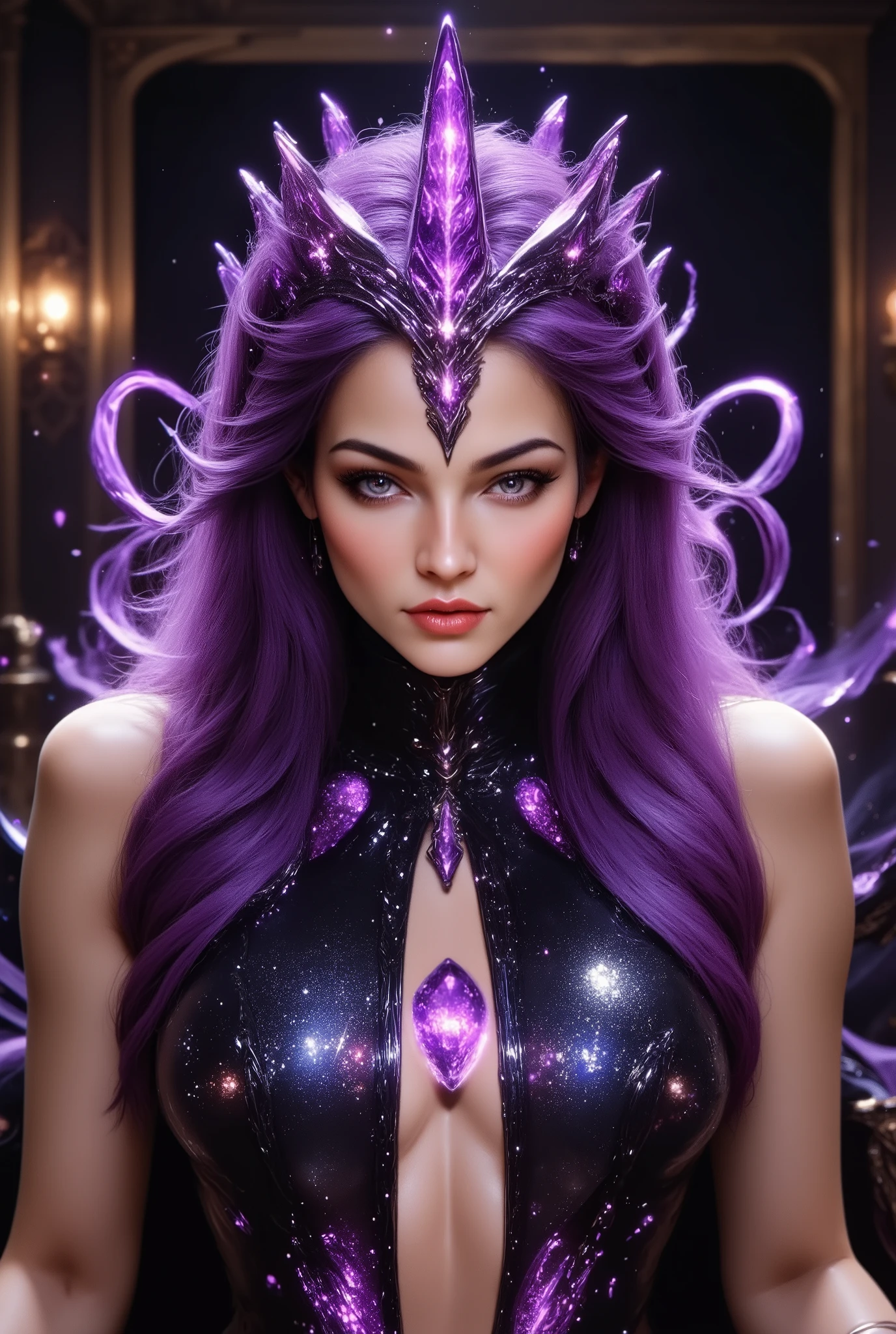 Portrait, beautiful woman with purple hair and a purple dress, wearing a large heart-shaped necklace, hourglass figure, symmetrical figure, highly detailed face, beautiful face, calming blue eyes, lush purple lips, smiling, alluring, stunning digital illustration, mysterious quantum environment, cosmic elements and ethereal atmosphere