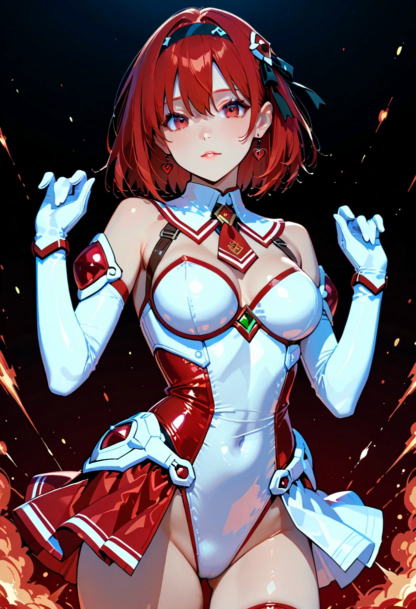Close-up,highest quality, ultra detail, High quality CG drawing, The most delicate and beautiful, Floating gently, High resolution, (1 girl), (Highest image quality,4K,8K,masterpiece:1.2),(all red hair:1.5),(short bob:1.5),bangs bangs,(red eyes:1.5), (Ultra GP :1.0), red ultraman bodysuit ,slightly bigger breasts,red gloves