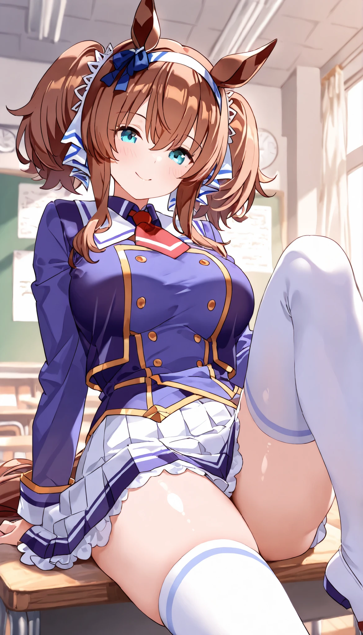 Bold Tact \(Uma Musume in Uniform\), 1 school girl with pigtails、miniskirt、 open the leg CLASSROOM white thighs+++ very short skirt The uniform of Torresun Academy