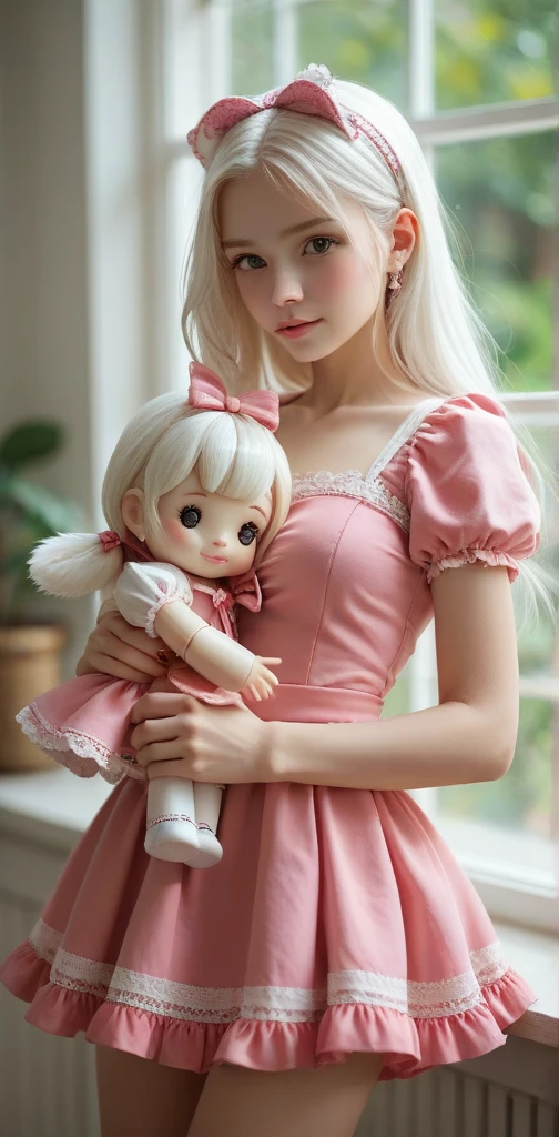 Girl with white hair. roses. Girl with brown hair and pink dress holding kitten. A park
