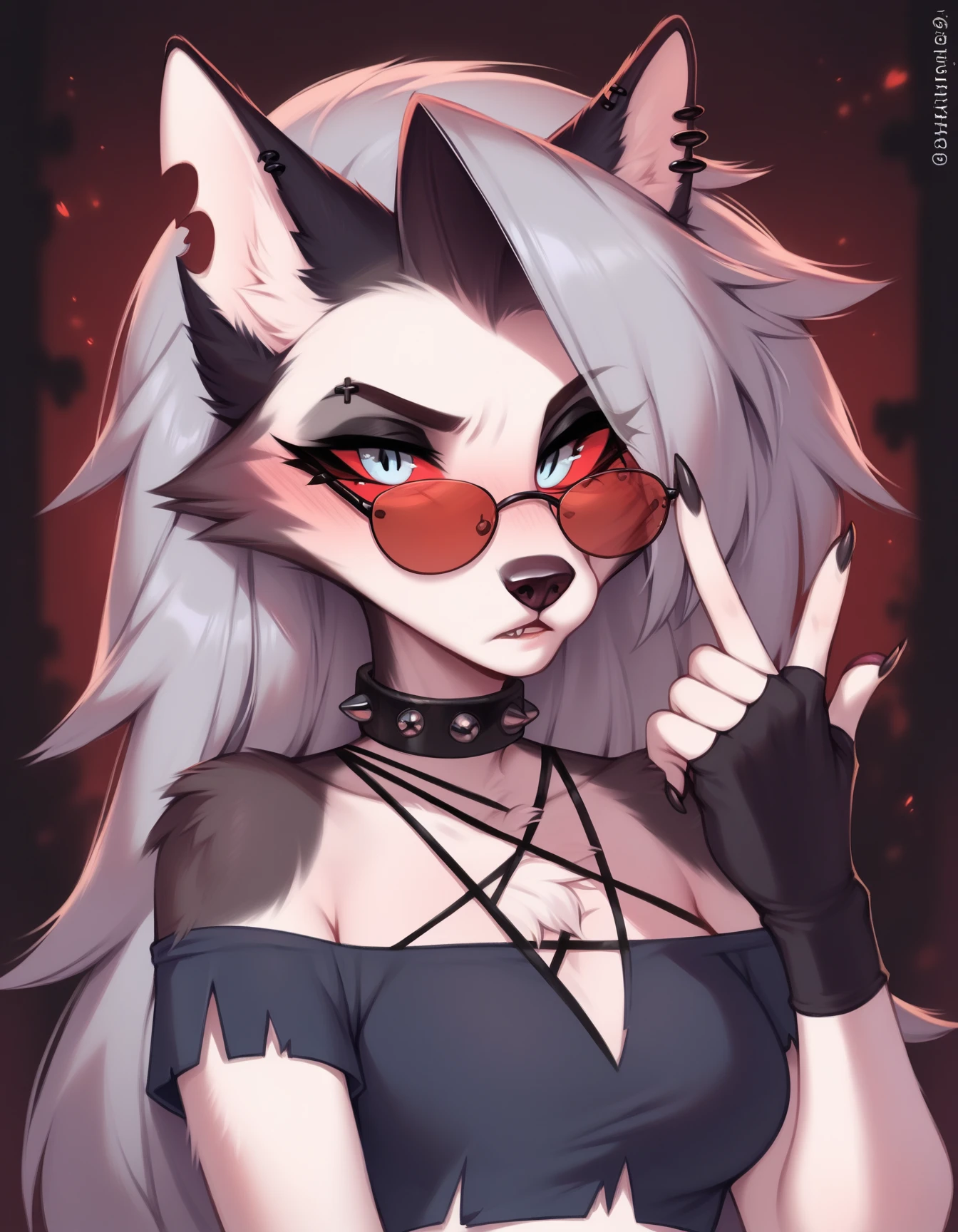score_9, score_8_up, score_7_up, score_6_up, safe content, by vivzmind, mammal, canid, canid demon, demon, anthro, female, solo, eyewear, jewelry, necklace, helluva boss, gesture, hellhound, loona, choker, sunglasses, goth, official art, inverted cross, instagram