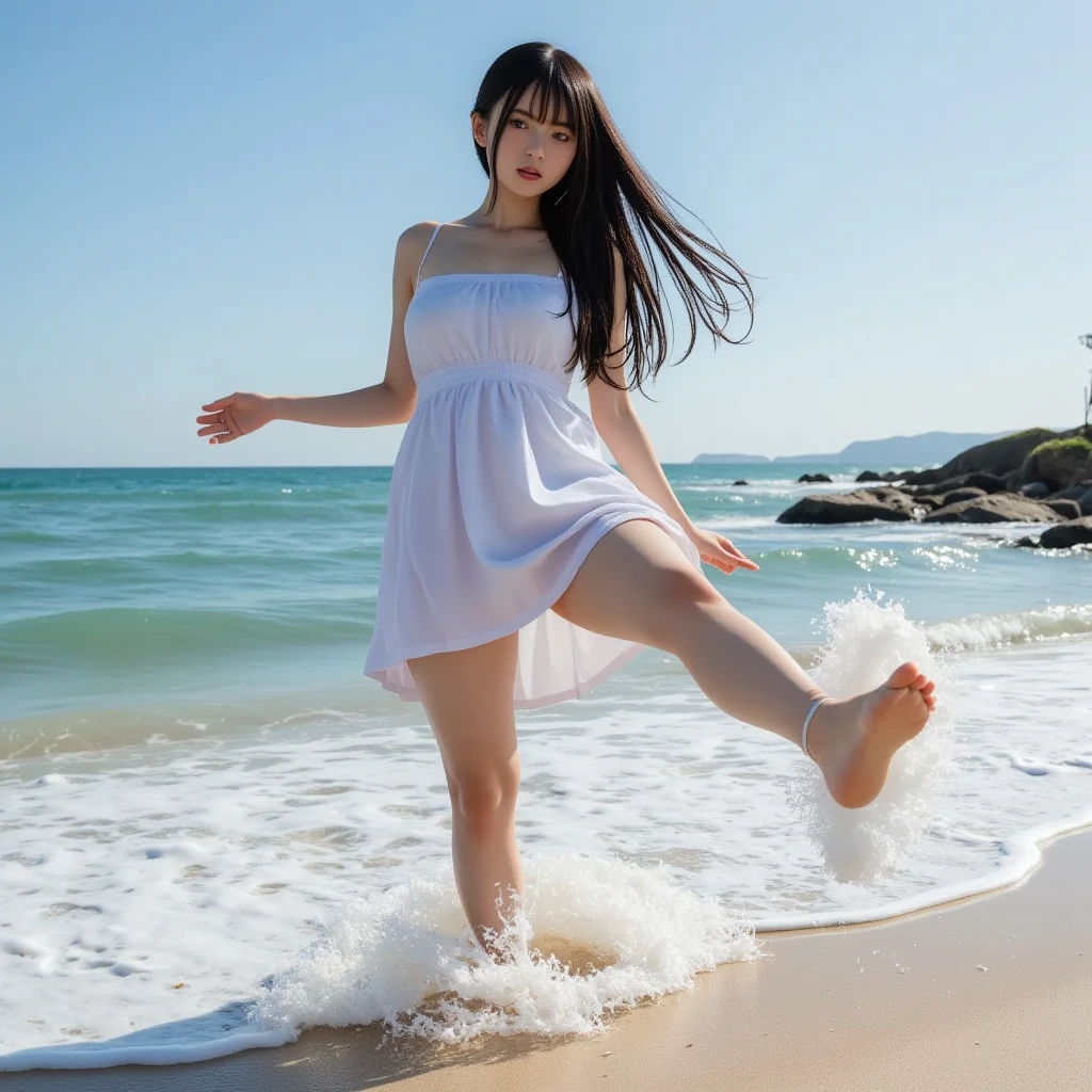 (((barefoot young slender beautiful  Japanese girls posing on mud beach))), natural front lighting, ultra sharp focus, (((light pale white skin color))),blue large eyes with long eyelashes and double eyelids, dynamic angle,red lip,smile, ((waving arms)), ((huge breasts)), (full body shot:2), (((wearing floral frilled micro bikini))), (beautiful face:2),(((beautiful))), 8k quality