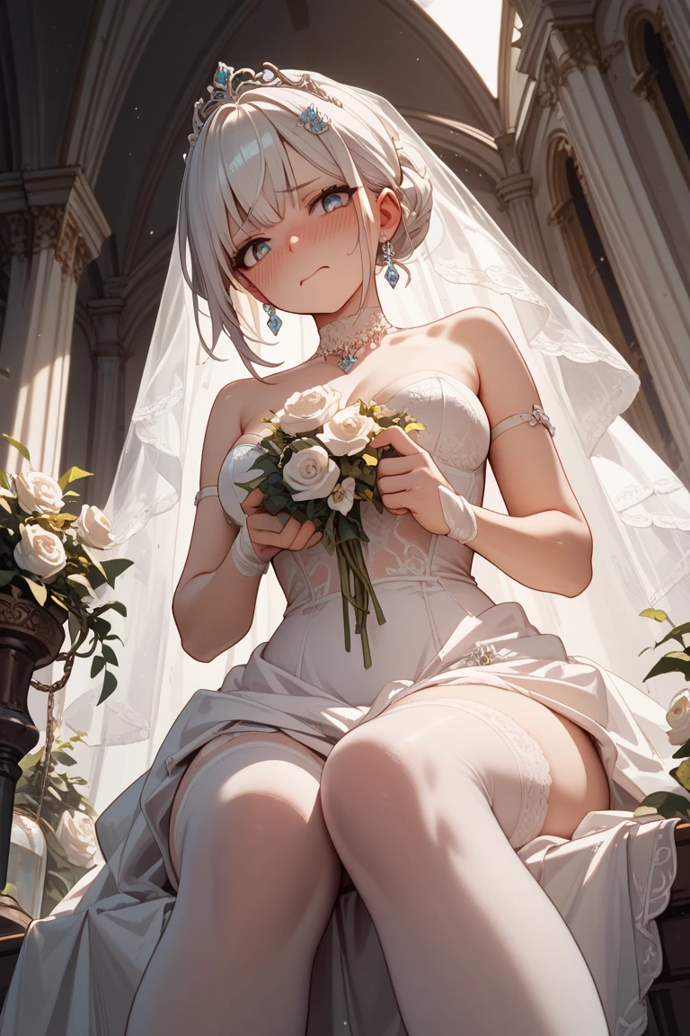 Masterpiece, best quality, 1 girl, Nier.2b\ (bride), hair in one eye, bridal veil, dress, thighs, faint smile, church, (white rose petals), 5 fingers