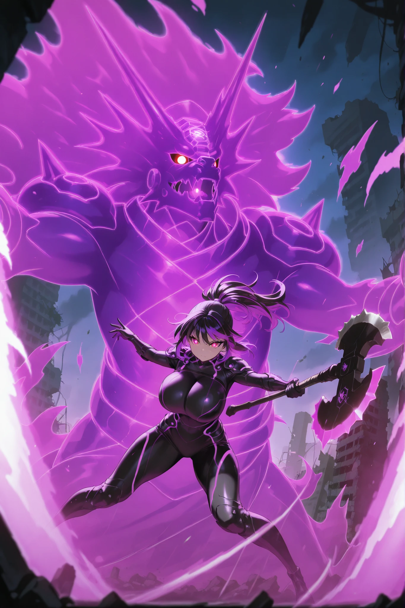 (super detailed:1.2, masterpiece:1.2, best quality:1.2, high res:1.2), 1girl, two-tone hair, purple hair, black hair, ponytail, red eye, {sharp eyelashes}, bright eyes, huge breasts, shiny skin, purple energy armor, purple energy, black energy, glowing armor, purple light, black light, manga effect, splash, visual effect, black dragon axe, jump, Action, Dynamic angle, Dynamic pose, battle, ruins