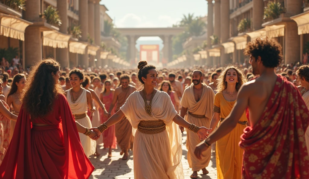 a gladiator with a steel breastplate, a woman in Egyptian clothing, a man in Roman clothing, A Babylonian king with jewels on his neck and body, a woman in Persian clothing, A pretty woman in Philistine clothing with a muscular man in her hand has a donkey's jawbone, a woman dressed in love. All the people looking forward happily with their hand in front making an invitation