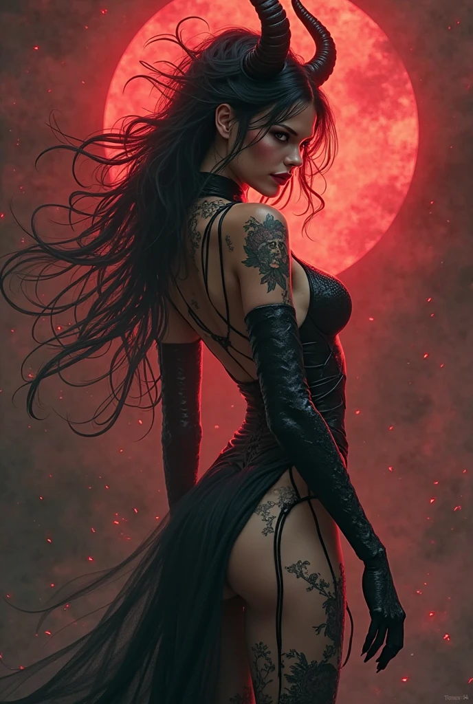 Post-apocalyptic female warrior woman in Simon Bisley style for the cover of Heavy Metal magazine, hair half black and half white, wearing teared red shirt and black fishnets, with some barb wires on her left leg thigh, scantily clad, art by Simon Bisley