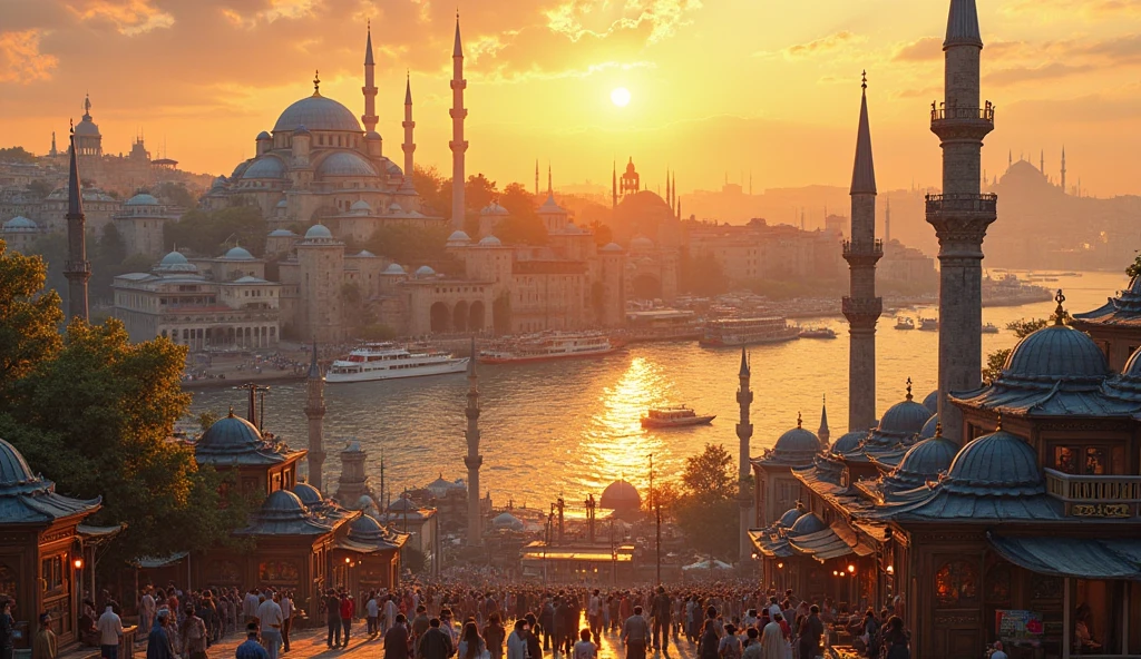 4K,ultra HD, the photo is taken from a distance of 50 meters, An old locomotive carry a spaceship passed in front of a beautiful gold-domed mosque,the majestic minaret of the mosque, realistic,Photography Professional with the best image quality.