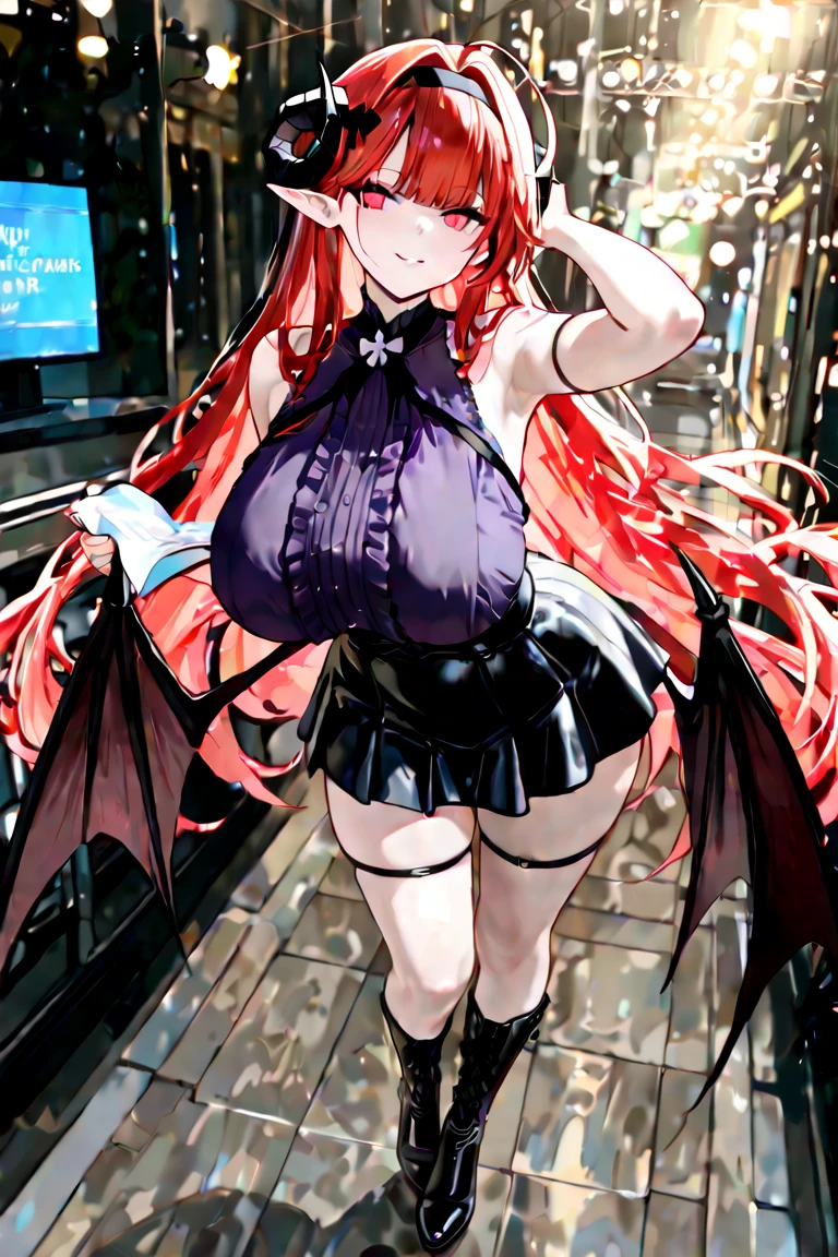 masterpiece, best quality, highly detailed background, perfect lighting, best quality, (extremely detailed face), volumetric lighting, intricate details, shadow, tonemapping, sharp focus, hyper detailed, trending on Artstation, (solo), ((bedroom background)) ((in the night)).Girl with bat wings, Devil, devil horns, long red hair. Red eyes. Sexy. curvy. sexy pose. Blush, Clear skin. Belly in sight. Big bust. Hip. Body. Sexy smile, Blue ambient light. ((Scantily clad))