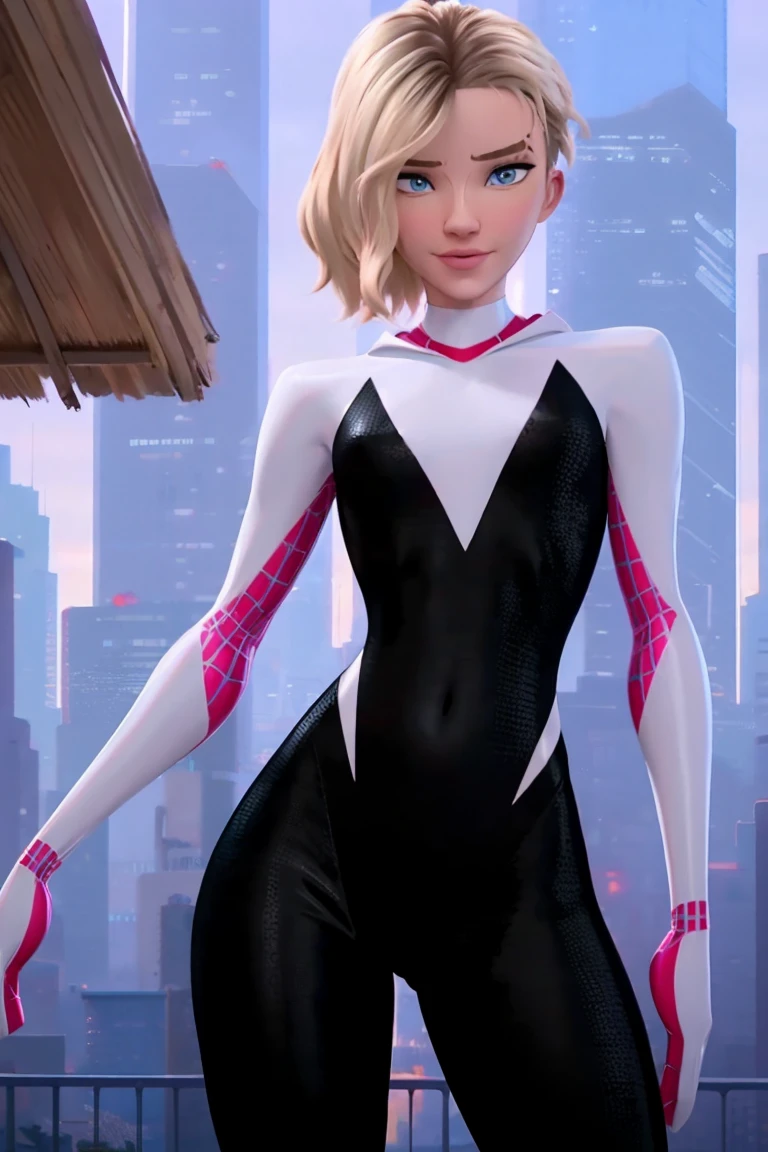 (Best Quality, Masterpiece),sexy, erotic, 1girl, 18 years old, Contempt, pride, normal short hair, ((blue eyes)), looking at viewer, looking at viewer, warm light,((( Gwen spider costume))), ((sexy pose)), legs spread, cameltoe, hands behind head, armpits, Skyscraper roof background, (small breasts), wide hips, thick tights, small butt, ((smirk)), nipples see though