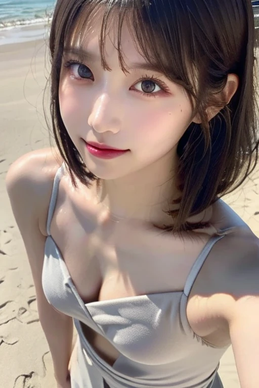 Best quality,raw photo , 19 years old Japanese female idol, from above ,
selfie,lying on Ground,v-neck sweater,Short hair, bowl cut ,cute face ,edgy,droop ,clavicle,murky water , overflowing ,wet ,selfie, pale skin,on the beach, rain,night,