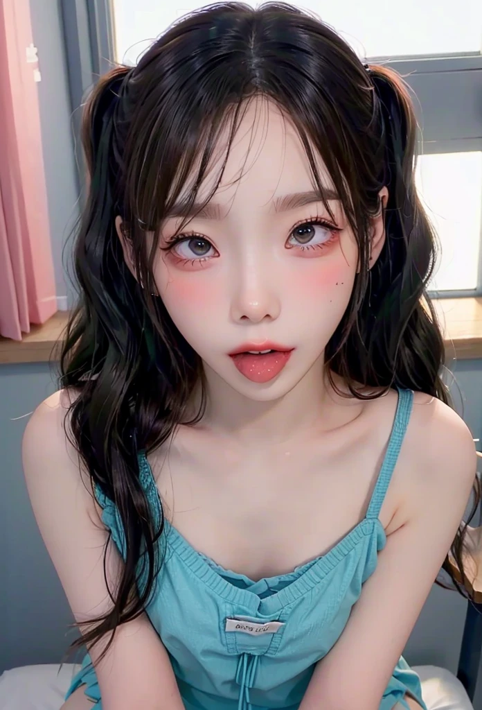 （A girl with big breasts）, asian cute face, spit a yoghurt, ahegao face