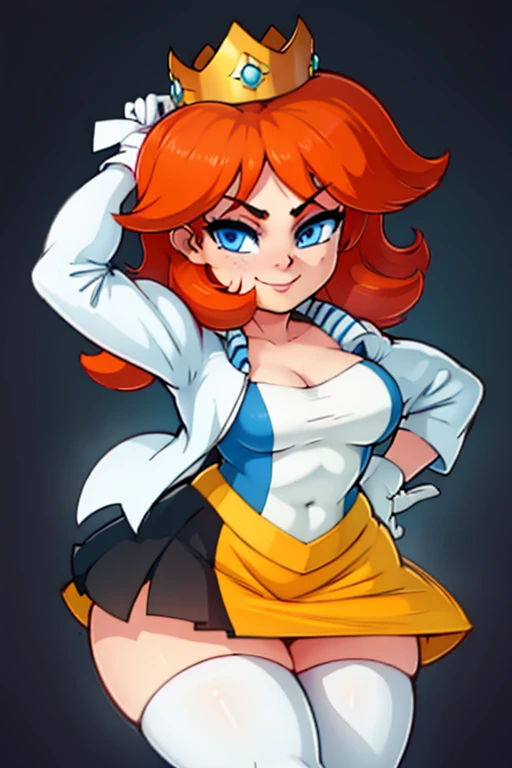 Fit, Heart-Shaped Face, Tan Skin, Long Nose, Thick Lips, Cleft Chin, Cherry sheer lipstick, hat, ginger Silky Hair Pixie Cut Curls, su1t, formal, double-breasted dress, buttons, necktie, skirt, pencil skirt, <lora:Outfit_soph-FormalSkirtSuit:0.8>, shoulder carry, (a human colony on a distant moon faces challenges:1.2)