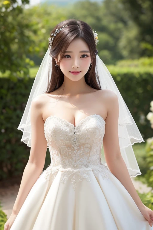 (table top、highest quality、8K、very detailed and intricate details、The most complex and detailed textures、ultra high resolution)、(very young girl in a wedding dress:1.2)、(Big breasts that are about to burst:1.1)、bride'upper body photo、perfect gas chamber、the best smile when you look at me、highest qualityの巨大なティアラ、highest qualityの巨大なネックレス、(giant rose arch:1.3)、(surrounded by many roses:1.3)、(bride filled with lots of roses:1.5)、surrounded by flowers、(bride surrounded by lots of pink and white roses:1.2)、detailed background