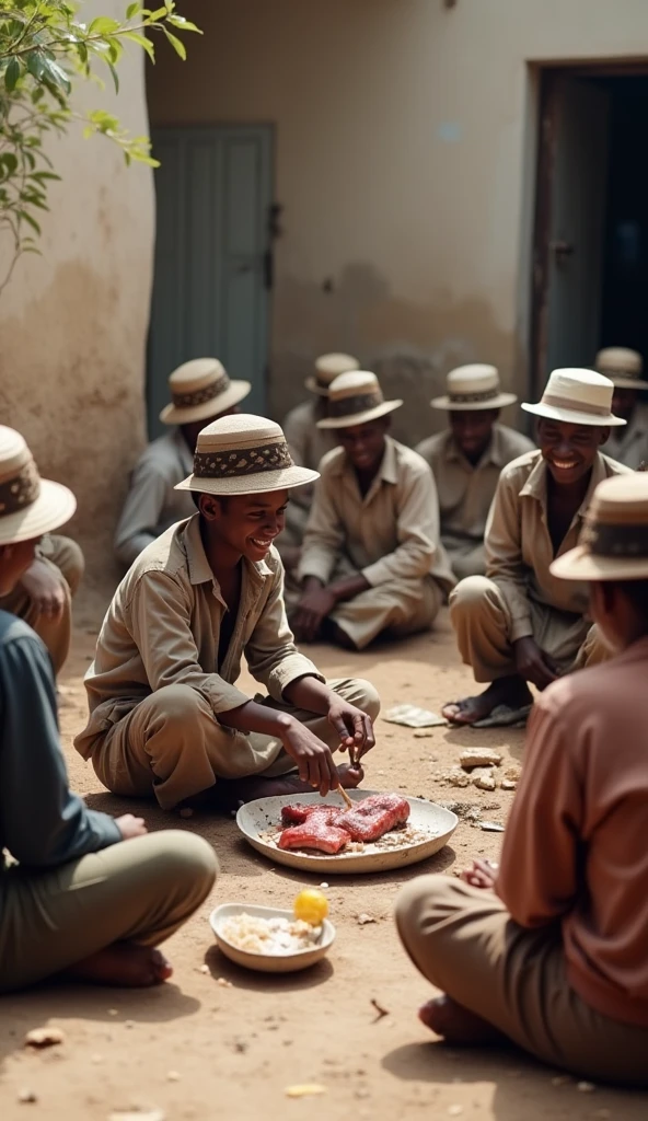 Un repas dans un ferme en Côte d'Ivoire, un homme blanc est dégout par 3 hommes noirs qui mangent avec les mains dans un plat commun contenant un écureuil dans la sauce, du futu et des chenilles. Une fille noire de 8 et une jeune fille noire de 24 ans se reposent juste à côté dans des hamacs.