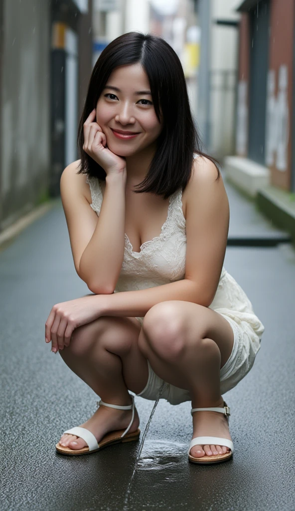 Browsing Caution, ((Highest quality, 8k, RAW Photos, masterpiece :1.3)), (Realistic、Photorealistic:1.37)、Very detailed、Ultra-high resolution, (Professional Lighting), alone, 1 female, alone, (30 years old), Japanese, Beautiful and dense face, Shining Eyes, Brown eyes, (thin：Weight 1.0) , Small breasts、Fine and beautiful skin, Skin Texture, kit,, (performance: Bright smile,Exceed,Big smile), (Hairstyle: Bob Hair、bangs:1.3, Brown Hair), (Wearing black fishnet stockings:1.3), Sitting on the road with your knees raised, Spread your legs, alone、Forest、Midnight、show off pussynsfw, (spread pussy:1.3)