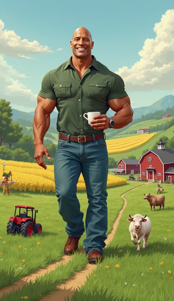 A muscular Soviet Union tractor driver, hairy body, alpha male, huge biceps, ripped abs, shaggy hair, sweatpants, wheat field, leaning against the tractor, a satisfied grin, 4k, high detailed, beautiful, dark age, art by Stanley artgerm, by Daniel f gerhartz, by pino daeni, highly detailed, sharp focus. dadbody, beefy, hairy(stocky), bulky