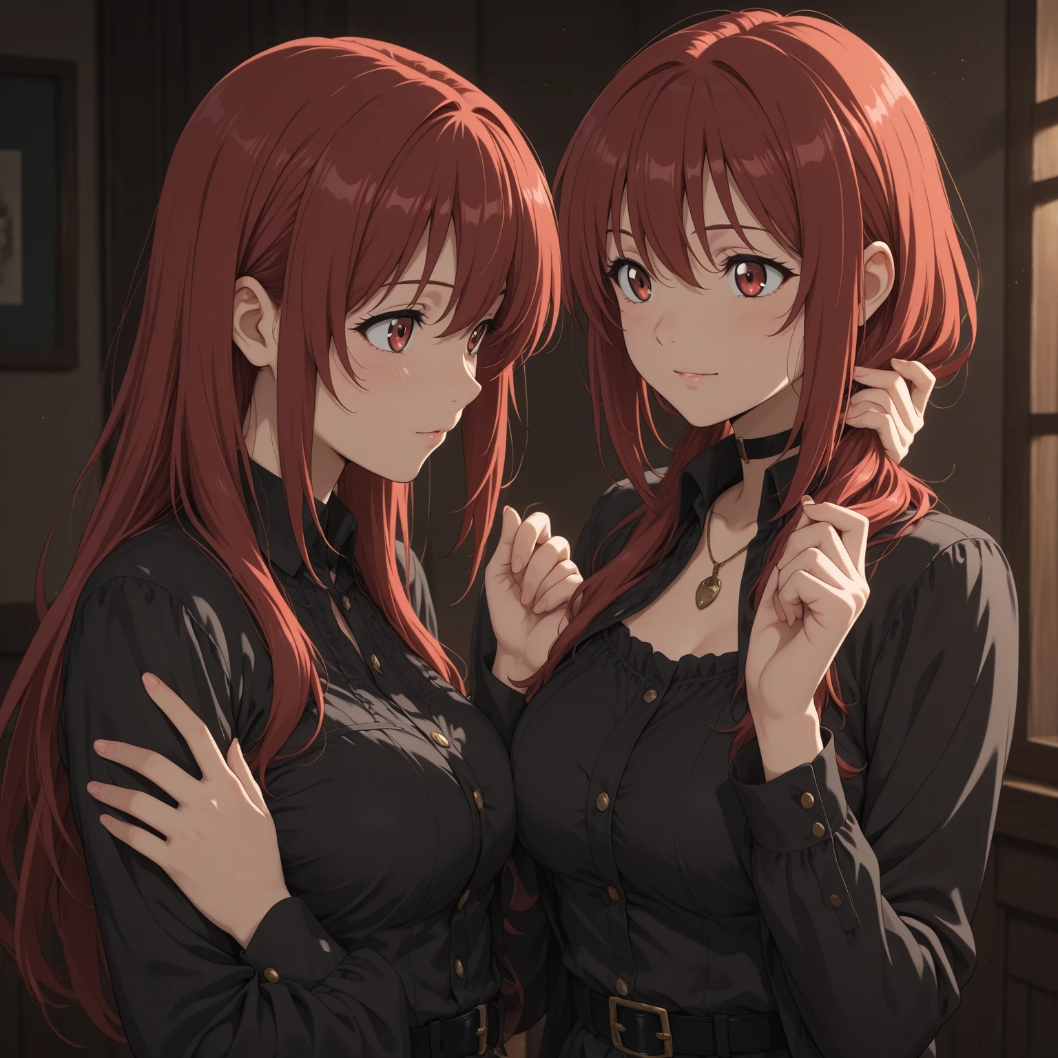 A girl with short black hair stands next to a girl with shoulder-length red hair