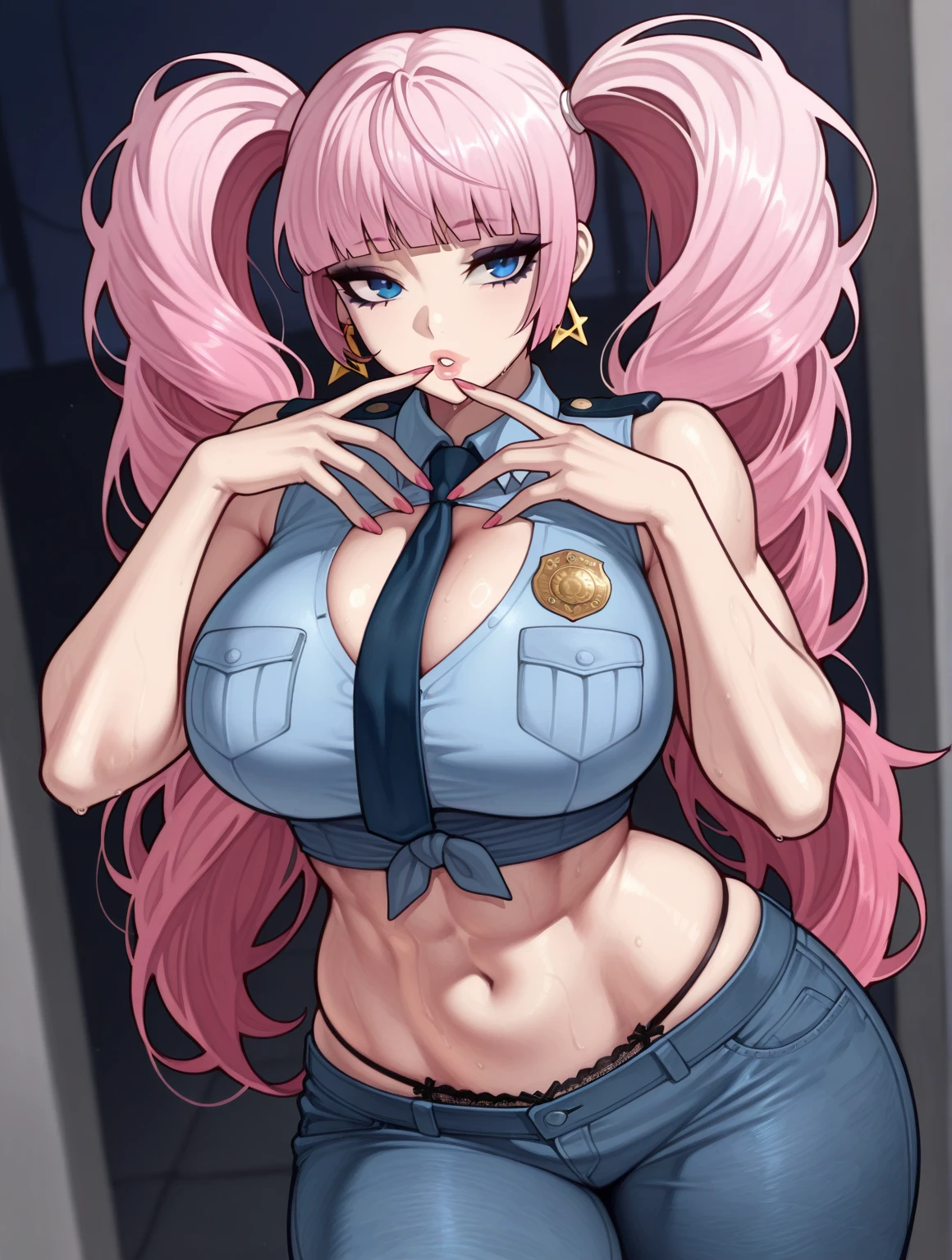 1 beautiful woman, pink hair, long hair, smile, mature woman, super high resolution, beautiful anime face, masterpiece, super fine detail, black police hat, white tank top, transparent clothes, navel visible, torn denim shorts, crotch emphasis, sexy pose, nice body, spread legs, bedroom, only one person in the room, hentai anime inviting gesture