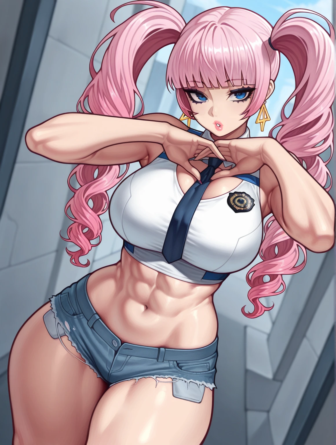 (masterpiece, hiquality: 1.1) 1girl full body standing good face, nice ass, hairstyle: braid, Color Hair: White long hair, Blindfolded: NO EYES, Skin: White (porcelain skin, sparkly skin), muscular, thights, mature woman, abs, looks at the viewer smiling, extremely huge breasts, maternal, chest cover with clothes