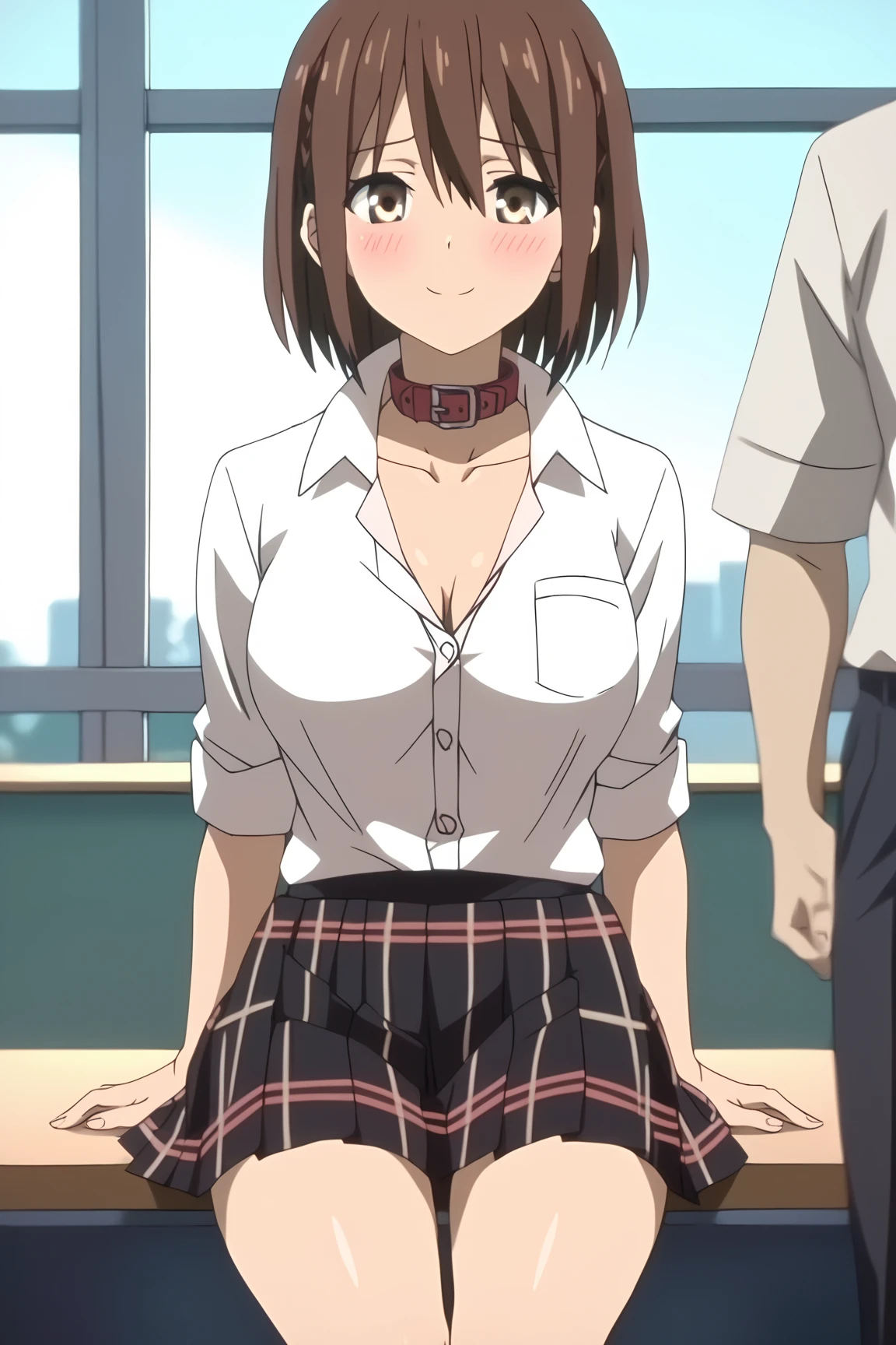 masterpiece:1.6, best quality), finely detailed beautiful eyes: 1.2), colorful, shinkai makoto, kimi no na wa., 1girl, crawl position, sex from behind, 1boy, Doggystyle, (1boy, buzzcut, muscular, brown eyes, penis, nude, boy touching girl chest,chestgrope from behind, boy caressing girl's body, breast groping, breast grope, hold breast,) (1girl, bangs, black hair, small ponytail with red ribbon, short hair, blush, brown eyes, collared shirt, long sleeve white shirt buttons, unbuttoned shirt, open shirt, medium breast, nipples, pink nipples , bottomless, cum inside , creampie,  vagina ) indoors, bed,bedroom, lamp, cowboy shot, ,sex from behind, thrusting