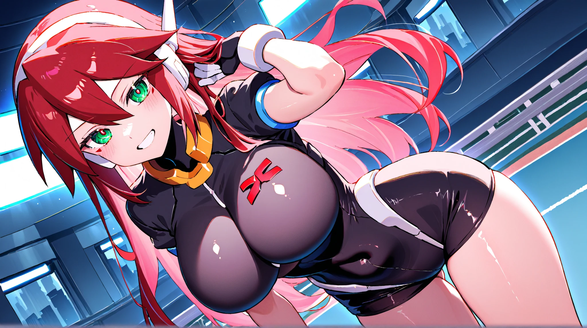A girl wearing a tight swimsuit with a very big butt and big breasts