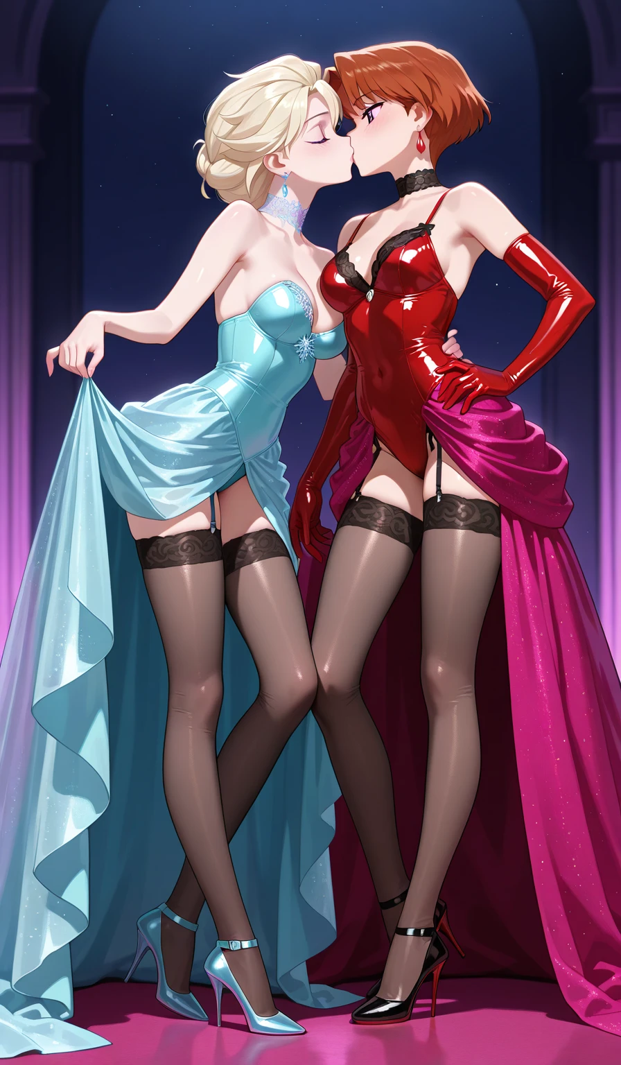 2girls, (one is a female elf, short red hair, blue eyes, curvy body, full pouty lips, off the shoulder black mini dress, black high heels) (other one is a female elf, short blonde hair, blue eyes, slim  body, full pouty lips, black lace mini dress, black heels) Dancing super close at a dance night club, facing each other, kissing passionately, lips pressed together