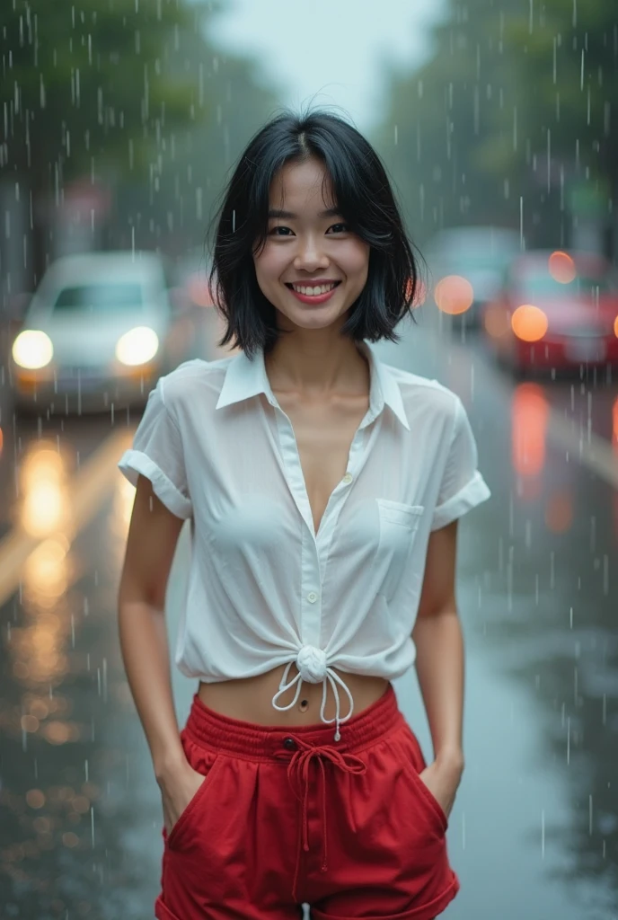 {
  "prompt": "A beautiful Japanese girl standing in the rain. She has short bob hair in silver-gray, wet and clinging to her face and neck. Her large, transparent blue eyes reflect the raindrops, making them sparkle like stars. Her expression is soft, with a gentle smile. She has flawless skin with a hint of pink on her cheeks. She wears a white T-shirt, wet and sticking to her body, revealing her shoulders and collarbone. She also wears denim shorts. The background is blurr