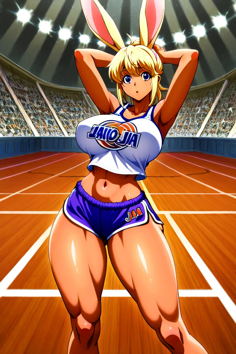 tanned, tan skin, Kel, orange tank top, orange shorts blush Super huge big breasts breast enlargement A person sitting on the basketball court resting and looking at the camera illustration, ultra-detailed, HDR, vibrant colors, soft lighting