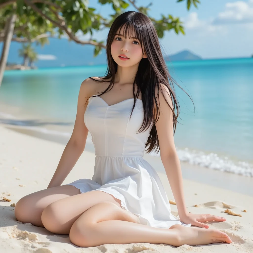 Japanese female, a lot of details, (underweight), detailed black hair, beautiful detailed hair, super fucking beautiful, delicate beautiful face, complex details beautiful and delicate eyes, perfect hands, (flat chest best quality:1.5), perfect and delicate limbs, detailed skin, best quality, ultra-detailed,(cheerful grin:1.3),
sky, (cloud texture), (floating:1.4), sitting, (white dress), in the clouds, full body shot, low angle shot