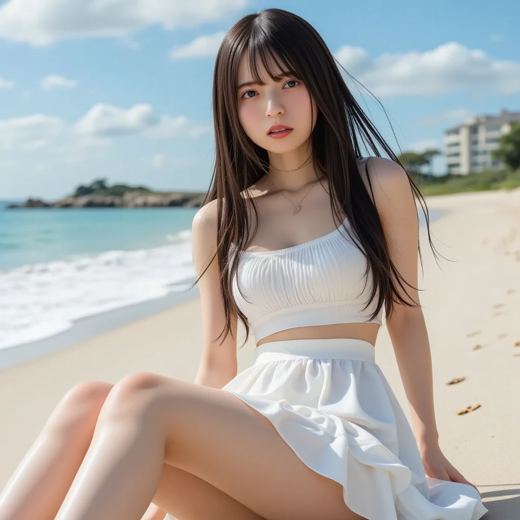 highest quality、masterpiece、live-action、Realistic、High resolution、4k、Japanese、Black Hair、Japanese high school students、Cute Girls、18-year-old、Embarrassed face、Tube top swimsuit、Sit on the beach hugging your knees、Whole body -- 9:16