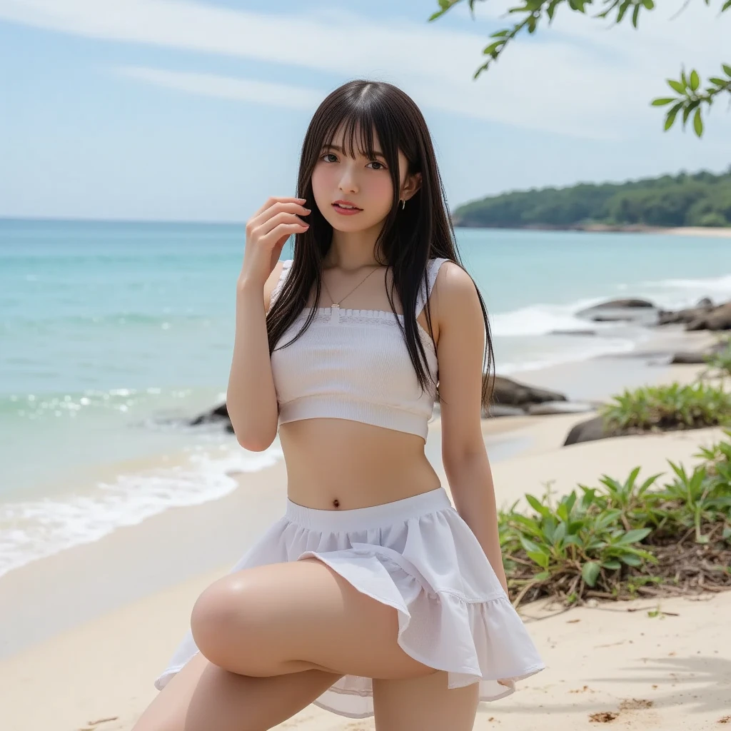 Beautiful Korean waifu, early 30s, brunette hair, white bikini top, white pleated skirt, running on beach 