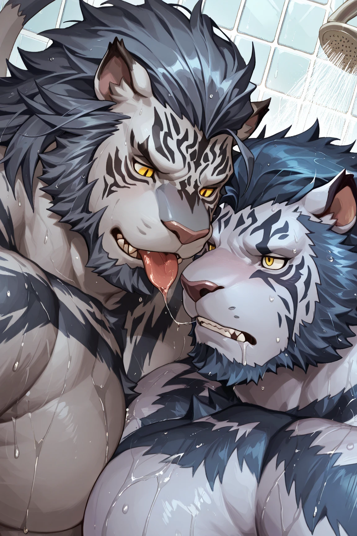 two muscular tiger , furry chest, muscular green tiger hug muscular tiger back, muscular green tiger stand behind, hug from behind, white background, perfect hand, thick furry neck and chest fluff, hand behind head, kiss, hand into jock, side view, jock, having sex, by lindong, by nullghost