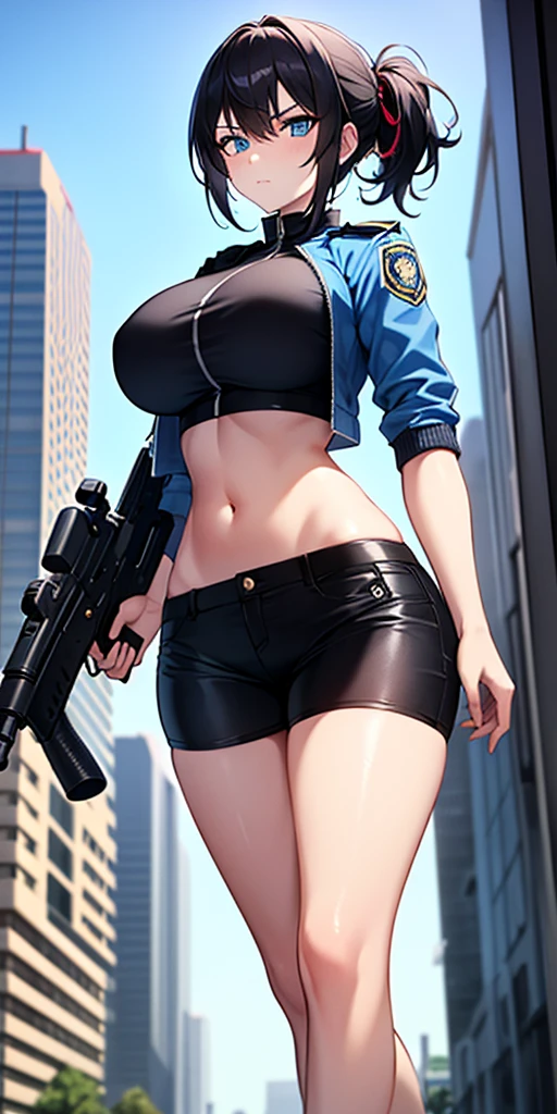 (anime style), ((mature female)),policewoman, black belt, open clothing, leather jacket, large breasts, mature, short brown hair, police badge, lether straps on breasts, large rifle, gun, in city, thigh highs, black leather boots, suggestive pose, highleg, highleg thong, standing in street, at night, bare breasts, clad clothing, underboob, sideboob, cleavage , police uniform, baseball cap, headset, large breasts, underboob, ((lowleg thong)), ((skindentation)), pulling panties down, exposed pussy, dripping pussy juice, <lora:pantypull:0.3>
