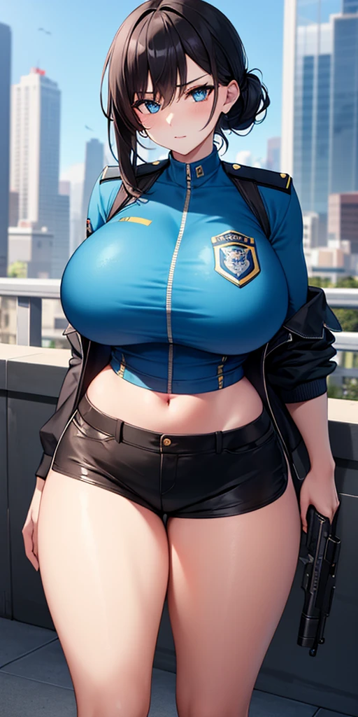 masterpiece, high quality, detailed eyes, 
1girl, solo, black medium hair, bobcut, bangs, (large breast1.0), (voloptuous:1.2), (thick thighs:0.7), tall, leggy, light smile, (muscular:0.9), 
looking at viewer, (contrapposto:1.0),cowboy shot (office:1.1), blue police uniform,arm badge, chest badge, button, short sleeves, breast pocket, belt, cleavage, Cropped tops, blue short Pencil Skirt, navel, garter strap, black thighhighs, navel, heart earing, choker, thigh strap, covered nipple, 
