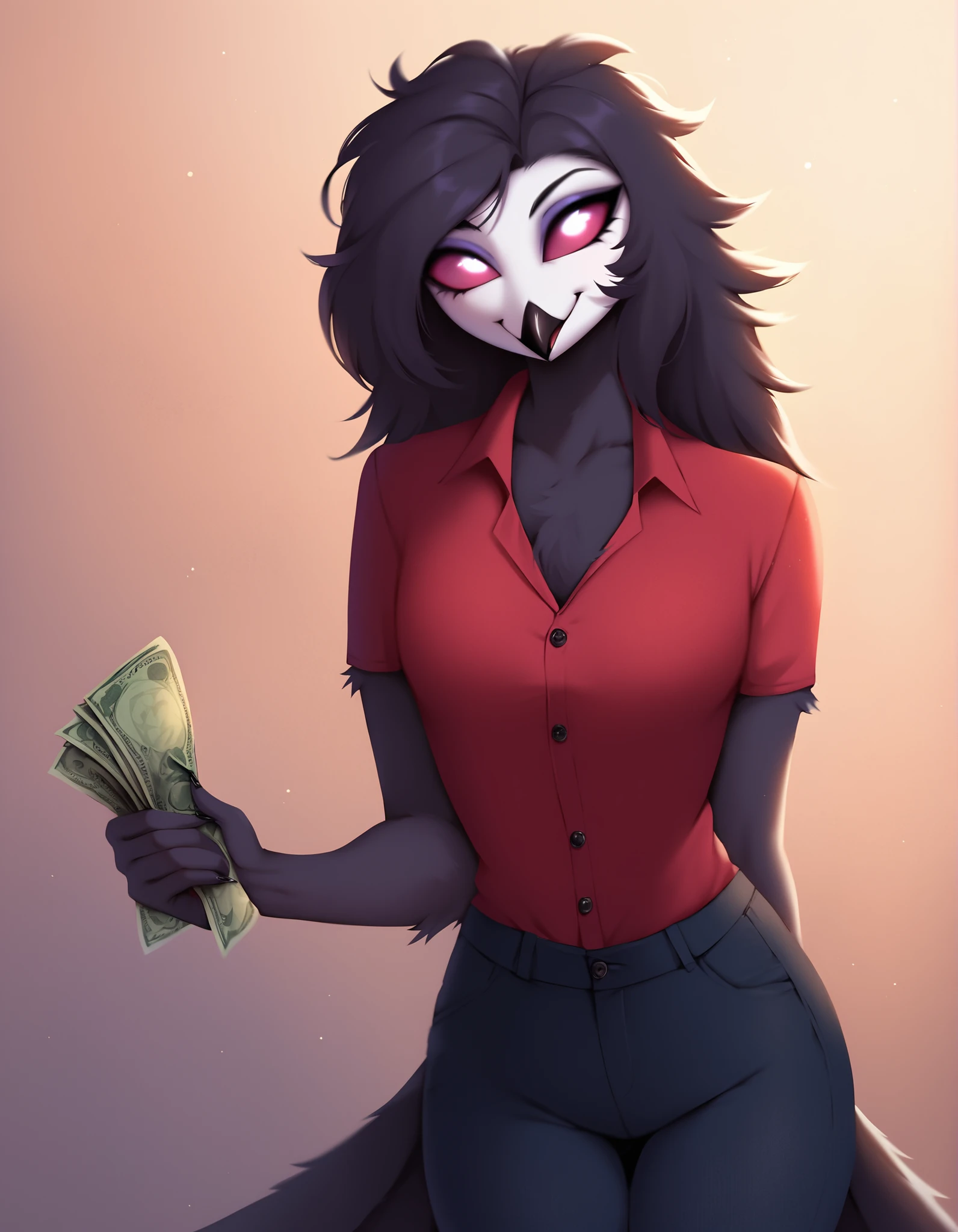 masterpiece, best quality, octavia helluva boss, happy expression, 1girl, solo,avian bird demon owl owl_demon, beak, pink sclera, dark pink pupil, anthro, furry, fluffy fur, black body, white face, furry, black feathered hair, long hair, clean hair, long tail, detailed, head tilt, ager (30 years), thick thighs, slim body, cowboy view, (jizoku), score_9, score_8_up, score_7_up, score_6_up, score_5_up, score_4_up, business suit, short sleeves, red shirt, black jeans, holding money in her hands, money, green money, look happy