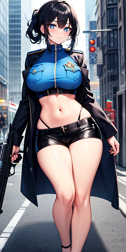 1girl, breasts, open mouth, large breasts, thighhighs, navel, holding, animal ears, cleavage, underwear, panties, weapon, boots, solo focus, hood, scarf, holding weapon, bra, gun, torn clothes, black panties, blood, mask, black bra, holding gun, handgun, dual wielding, stepped on,Grt2c