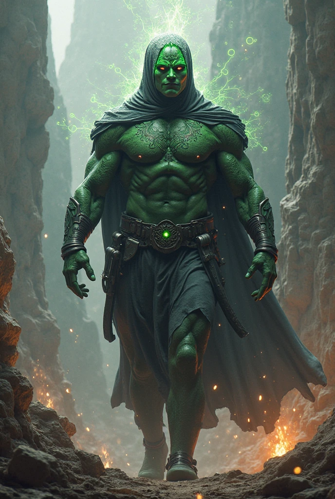 Meio orc de pele cinza, wearing a blouse and pants all black besides that he had a black robe with a D hoodie&D 5