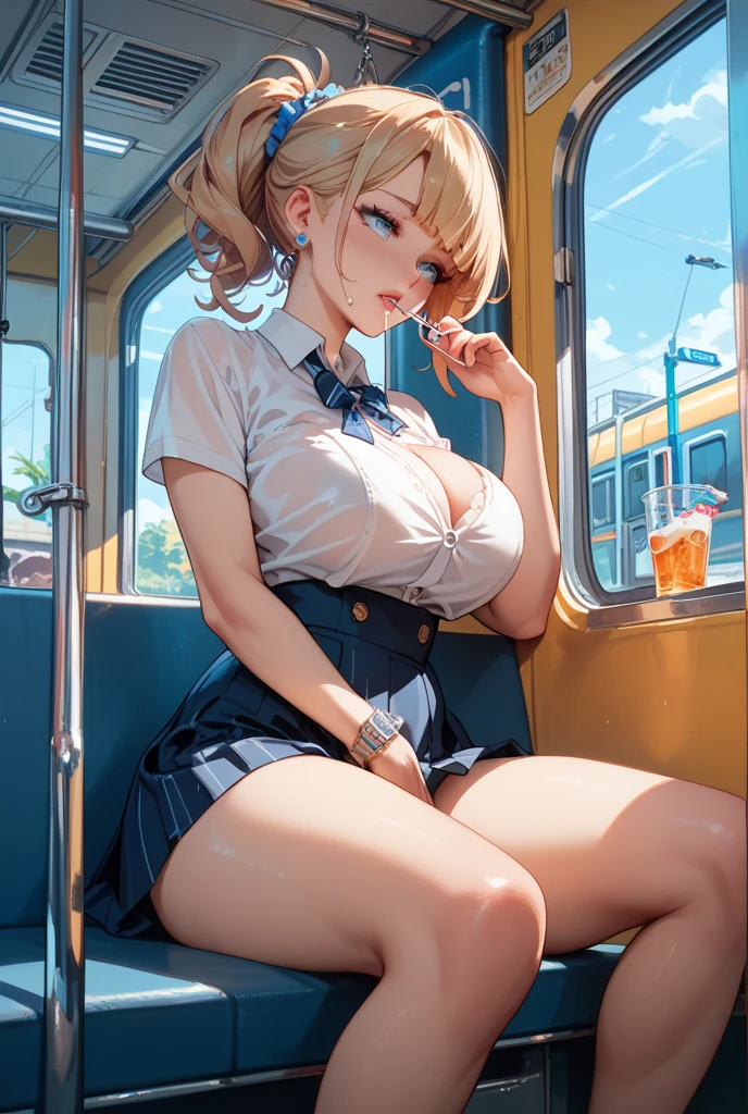 photorealistic,,[ 4 k digital art ]!!,(tanned skin:1.7),(eyelash,eyeliner),(tareme),blonde curly hair,ponytail,(plump body:1.1),mature gyaru in crowded train,(see-through blouse and black pleated skirt:1.2),pubic hair,(blushed and crying:1.4),wavy mouth,oiled skin,sweaty,look at viewer,(creampie),(curvy body:1.2),upskirt,lingerie in hand,(trembling:1.3)